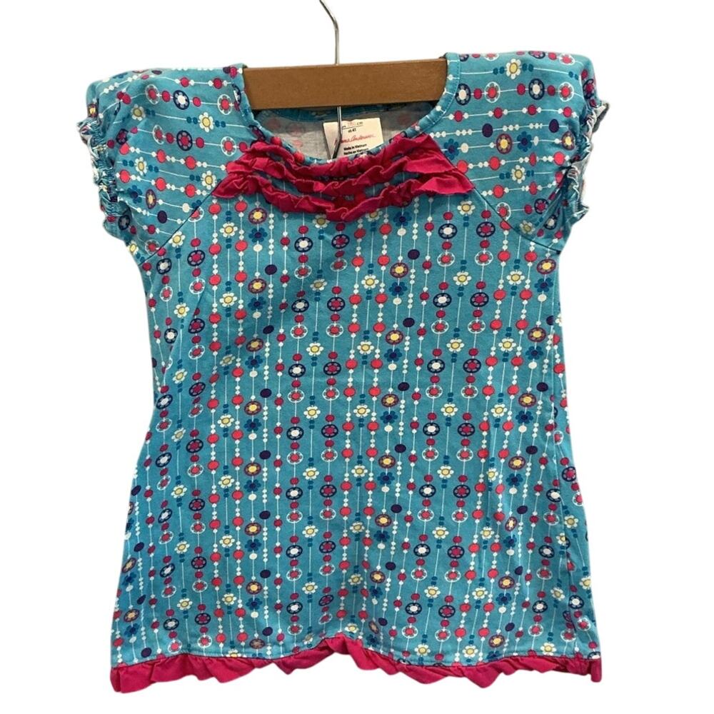 Hanna Andersson Girls Ruffle Top Youth Size 4T Blue Floral Cotton Summer Casual